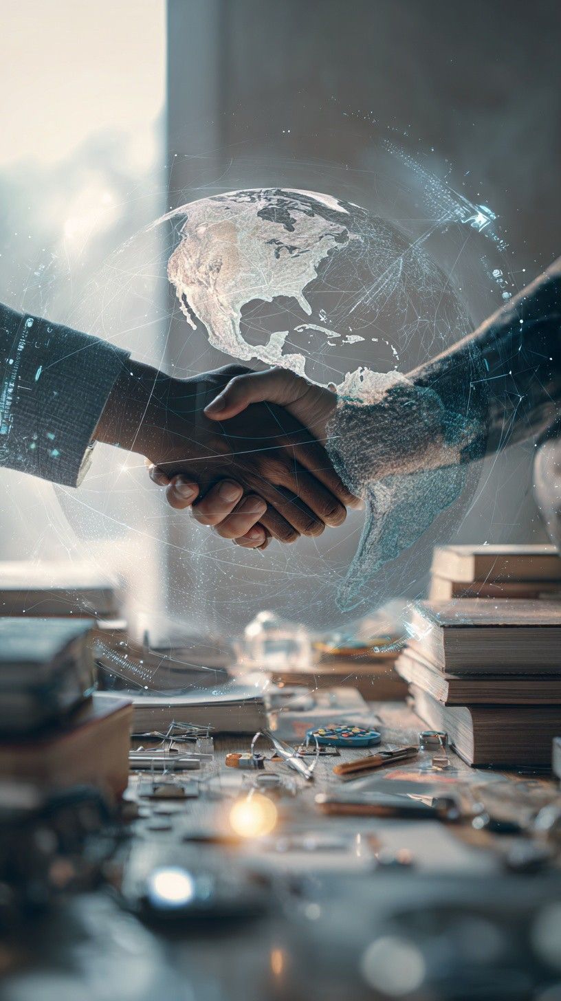 Global trade partnership — a handshake over a connected world