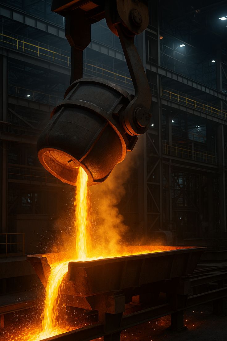 Molten steel poured from the ladle at the mill