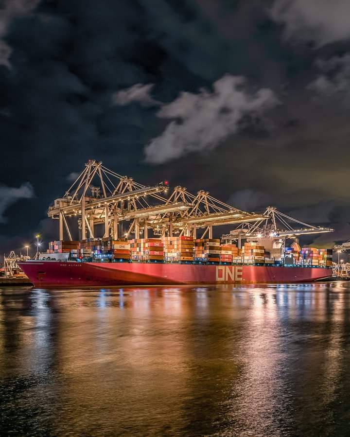 Container terminal at night — gantry cranes working a vessel